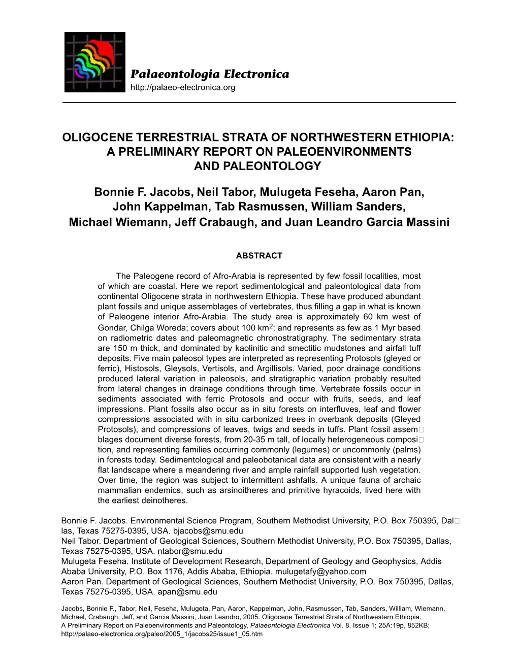 Oligocene Terrestrial Strata of Northwestern Ethiopia: a Preliminary Report on Paleoenvironments and Paleontology