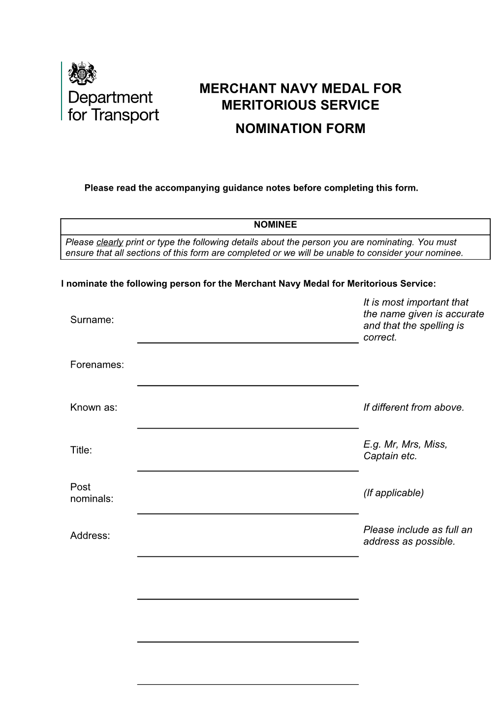 Merchant Navy Medal: Nomination Form