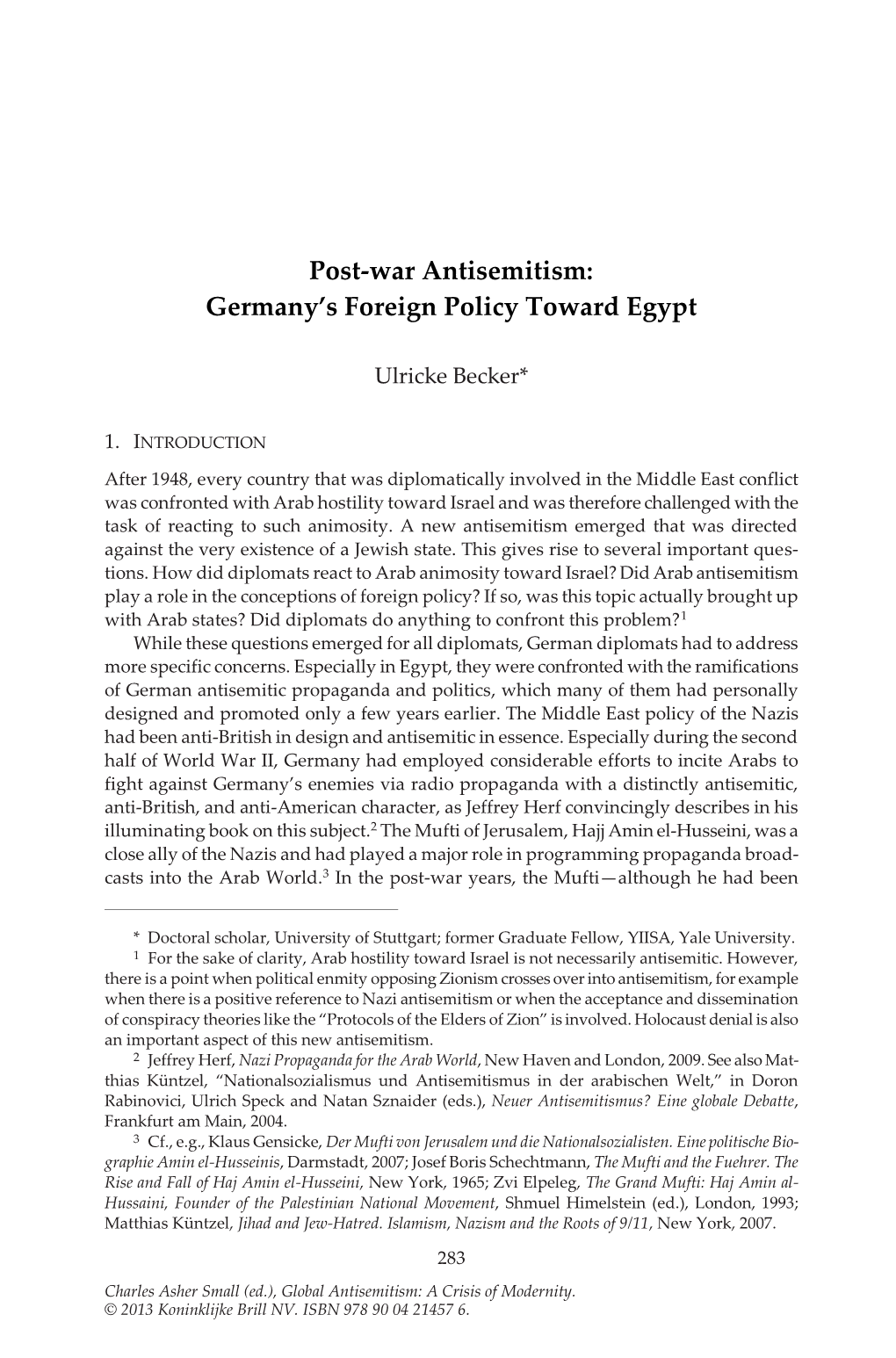 Post-War Antisemitism: Germany’S Foreign Policy Toward Egypt