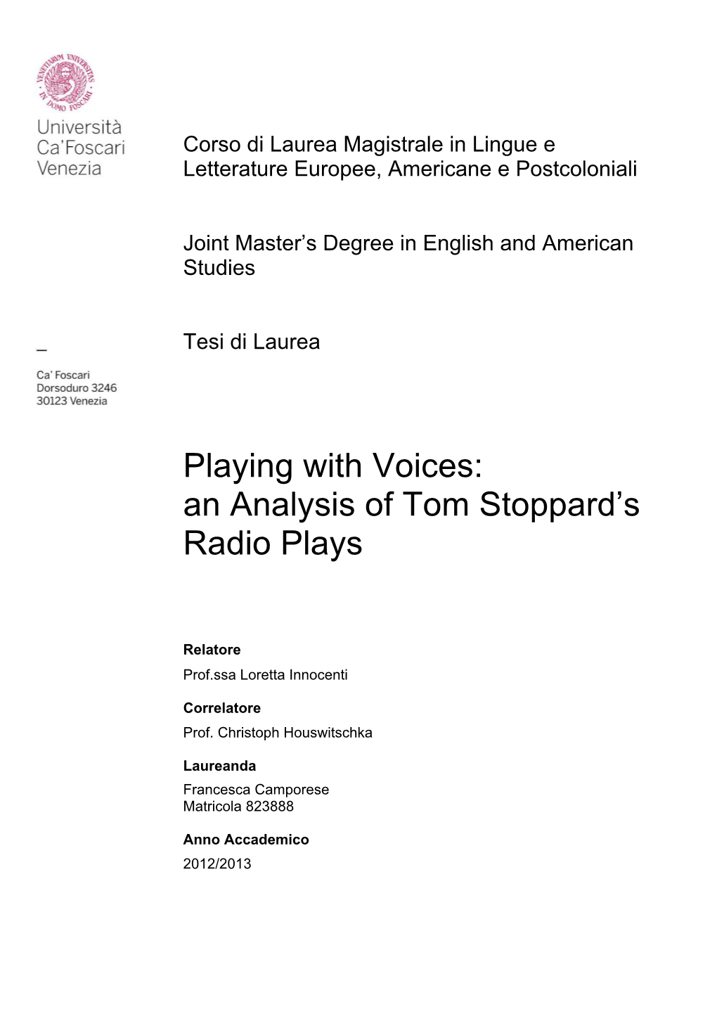 Playing with Voices: an Analysis of Tom Stoppard's Radio Plays