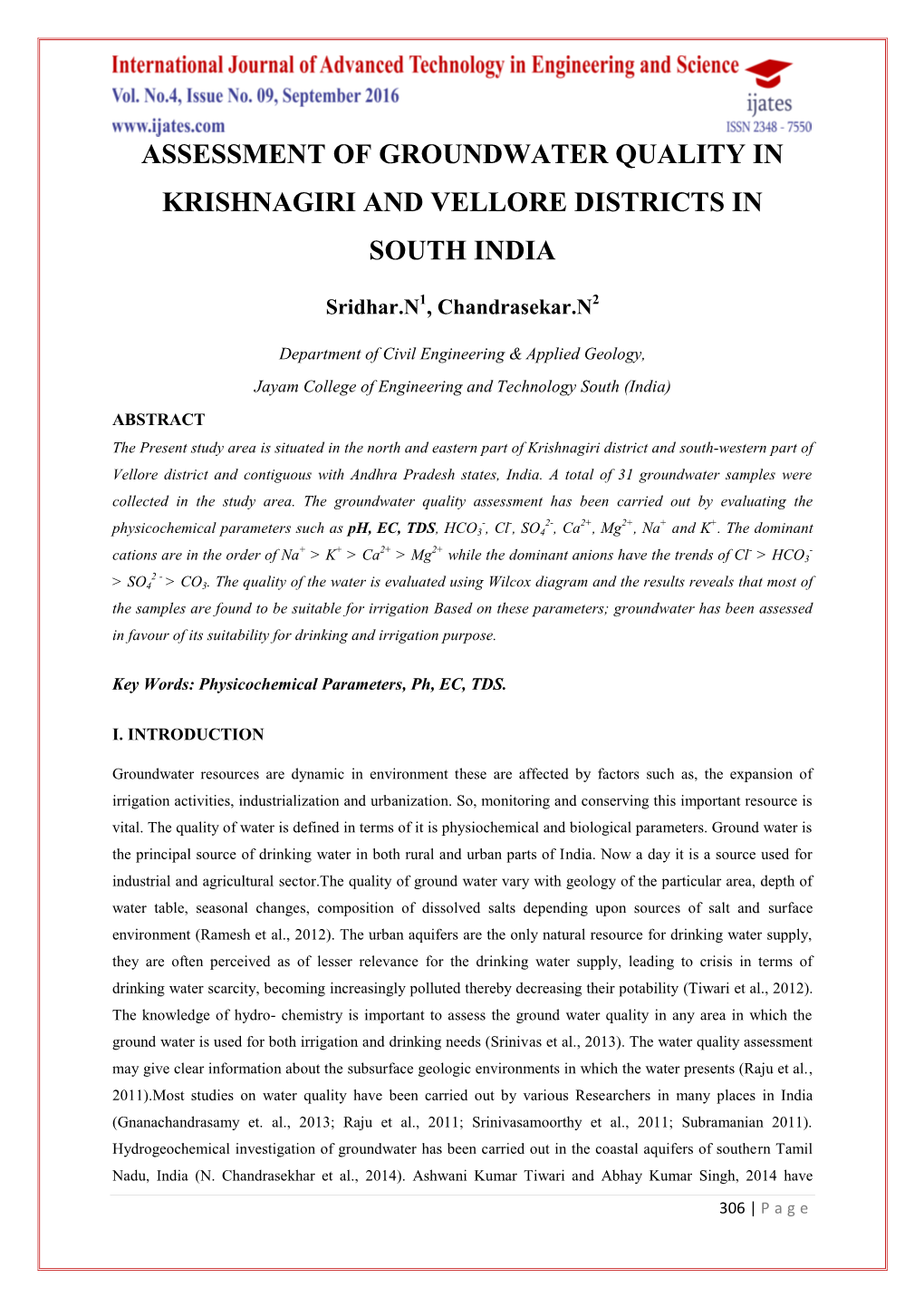 Assessment of Groundwater Quality in Krishnagiri and Vellore Districts in South India