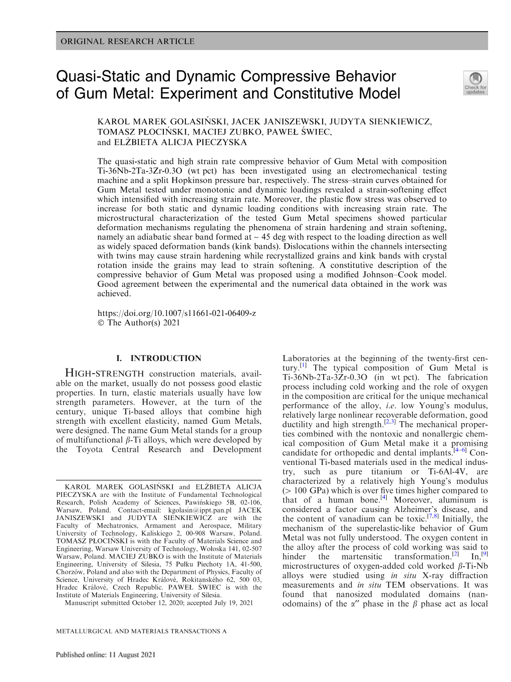 Quasi-Static and Dynamic Compressive Behavior of Gum Metal: Experiment and Constitutive Model