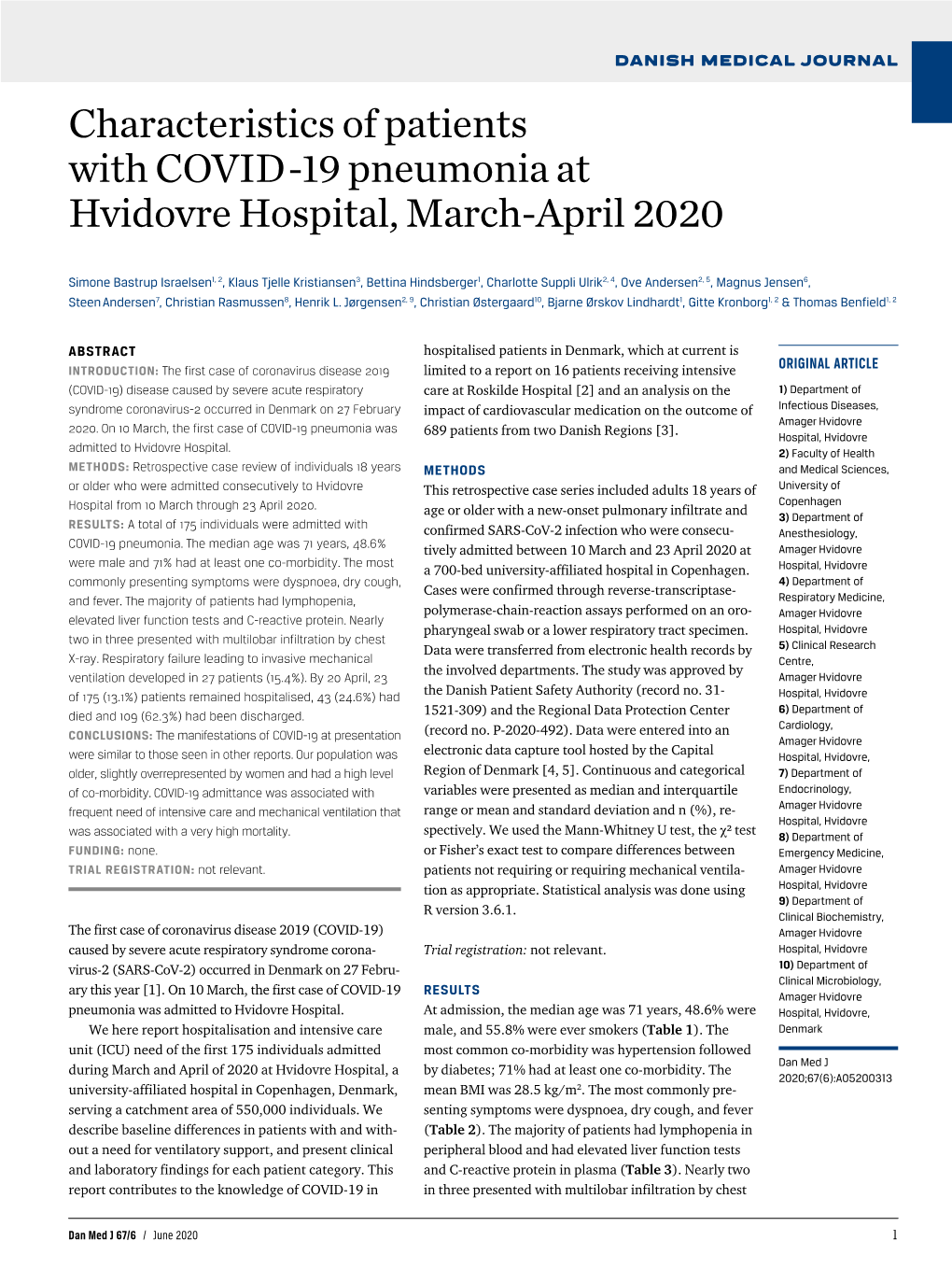 Characteristics of Patients with COVID-19 Pneumonia at Hvidovre Hospital, March-April 2020