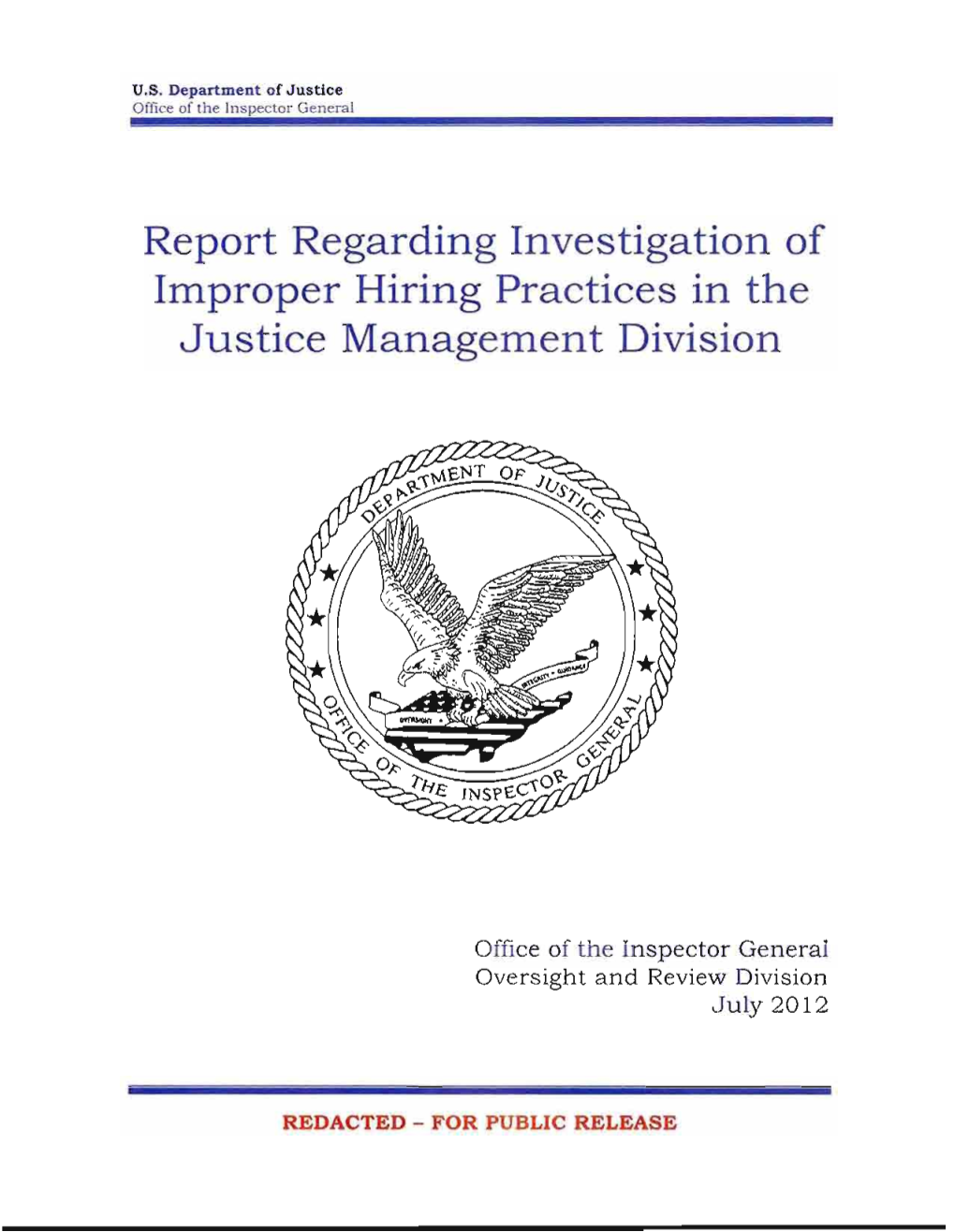 Report Regarding Investigation of Improper Hiring Practices in the Justice Management Division