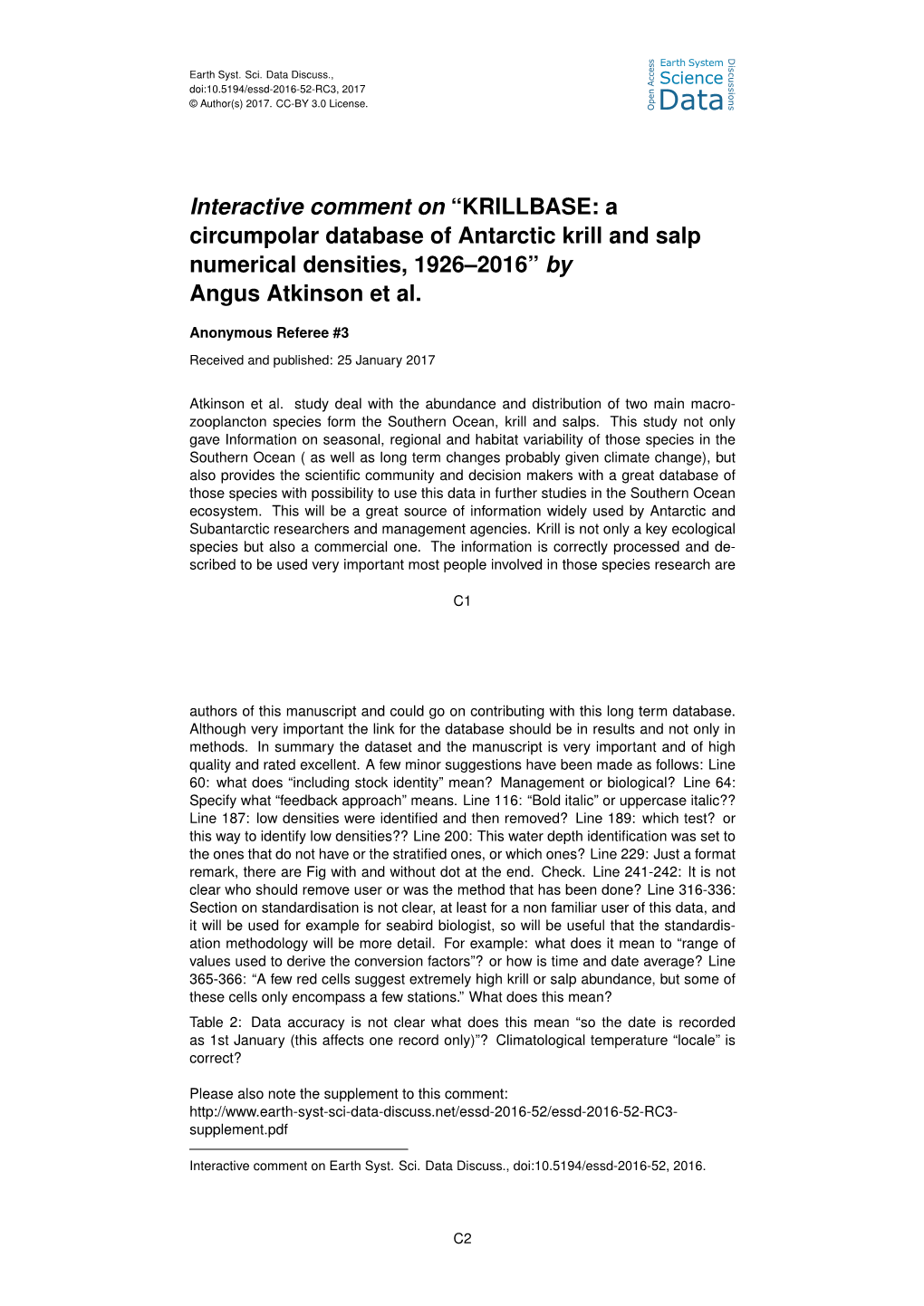 Interactive Comment on “KRILLBASE: a Circumpolar Database of Antarctic Krill and Salp Numerical Densities, 1926–2016” by Angus Atkinson Et Al