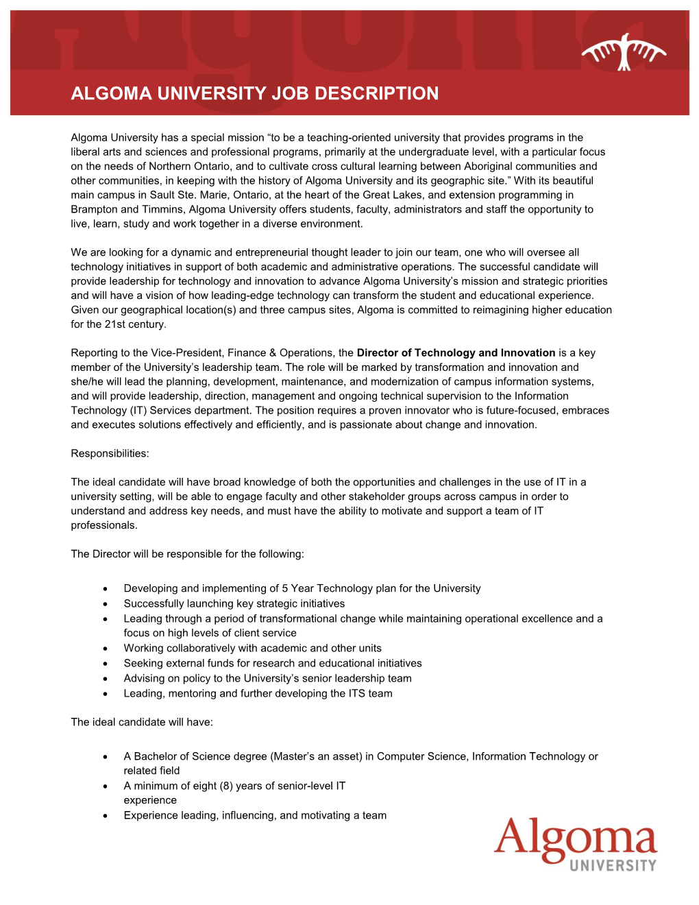 Algoma University Job Description