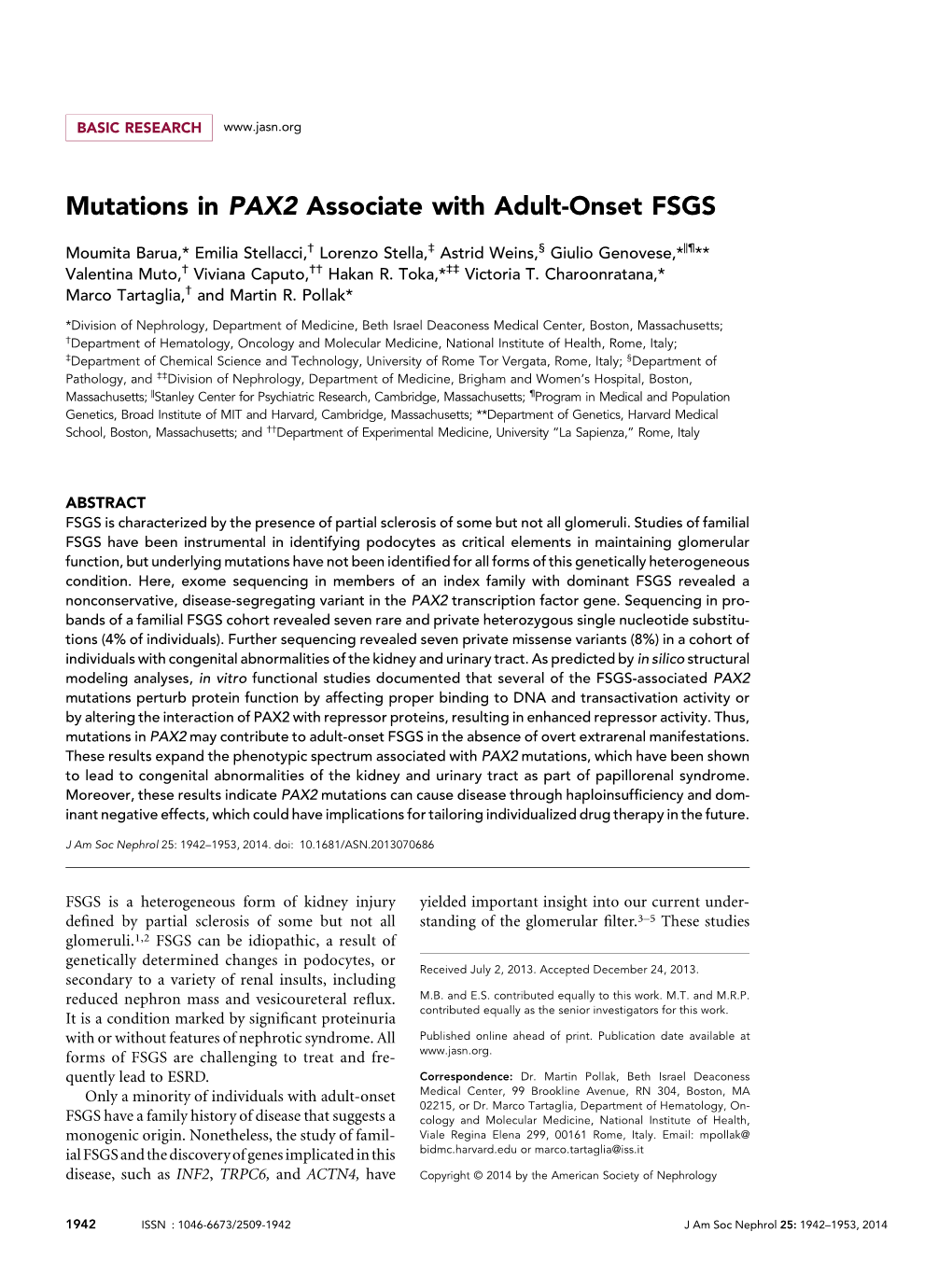 Mutations in PAX2 Associate with Adult-Onset FSGS