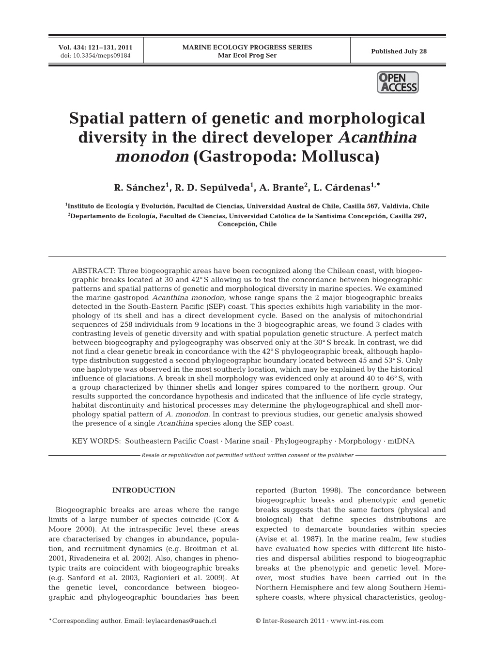 Spatial Pattern of Genetic and Morphological Diversity in the Direct Developer Acanthina Monodon (Gastropoda: Mollusca)