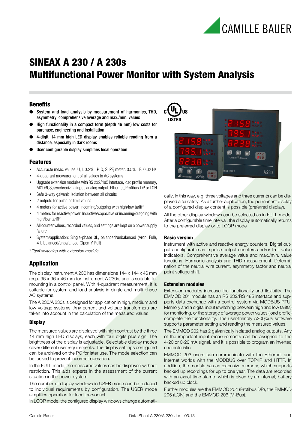 SINEAX a 230 / a 230S Multifunctional Power Monitor with System Analysis