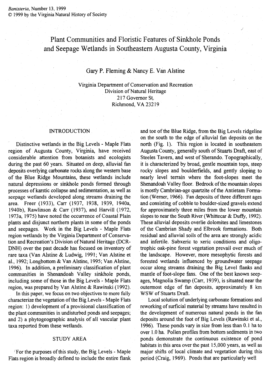 Plant Communities and Floristic Features of Sinkhole Ponds and Seepage Wetlands in Southeastern Augusta County, Virginia