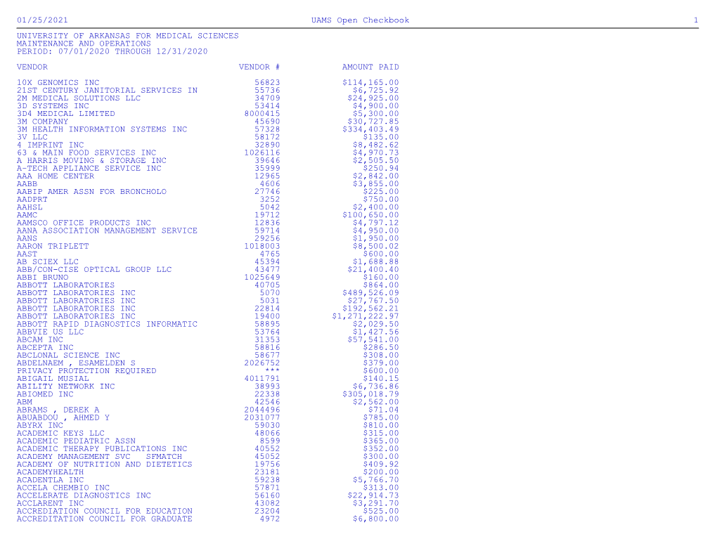 01/25/2021 UAMS Open Checkbook 1 UNIVERSITY of ARKANSAS FOR