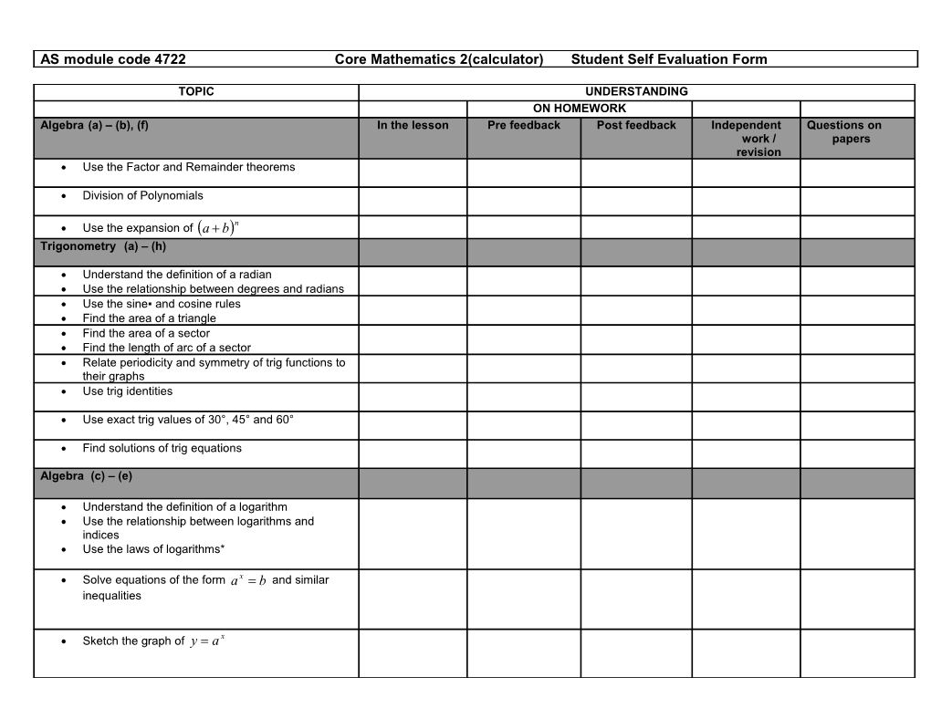 AS Module Code 4722 Core Mathematics 2(Calculator) Student Self Evaluation Form