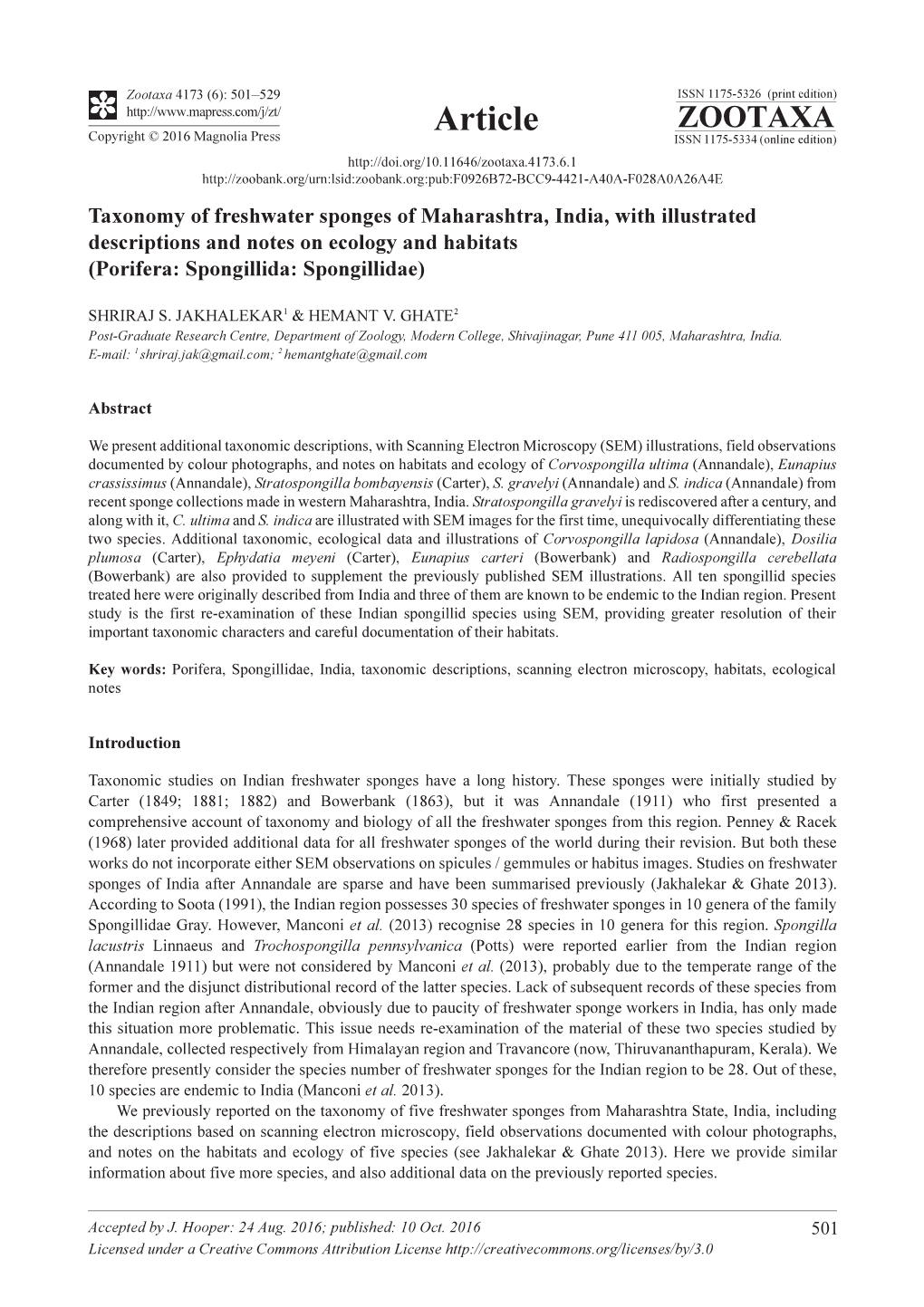 Taxonomy of Freshwater Sponges of Maharashtra, India, with Illustrated Descriptions and Notes on Ecology and Habitats (Porifera: Spongillida: Spongillidae)