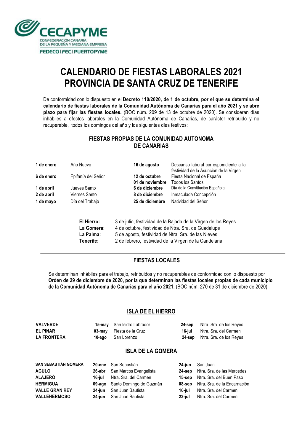 Calendario De Fiestas Laborales 2021 Provincia De Santa Cruz De Tenerife