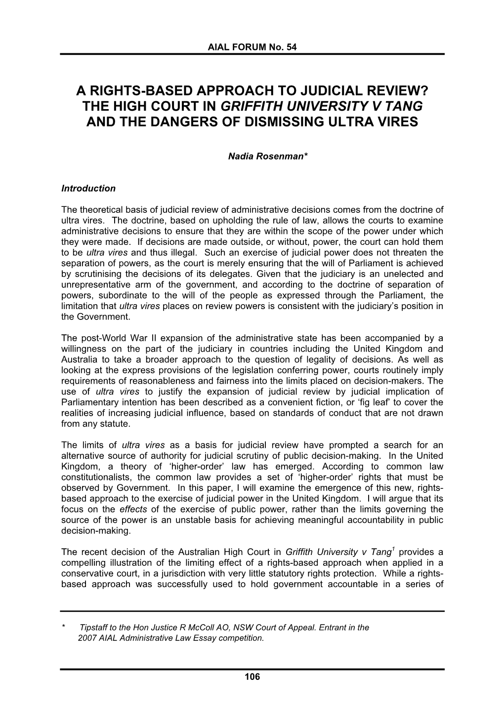 A Rights-Based Approach to Judicial Review? the High Court in Griffith University V Tang and the Dangers of Dismissing Ultra Vires