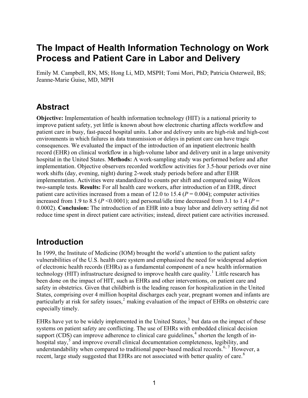 The Impact of Health Information Technology on Work Process and Patient Care in Labor and Delivery