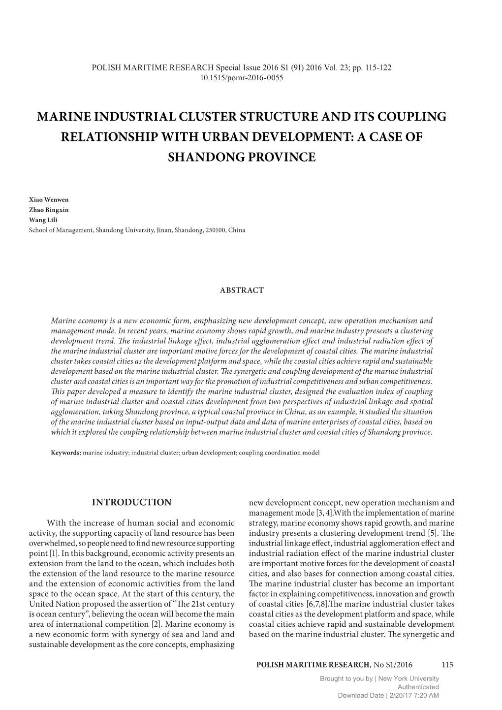 Marine Industrial Cluster Structure and Its Coupling Relationship with Urban Development: a Case of Shandong Province