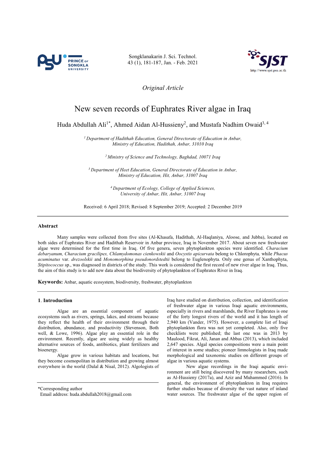 New Seven Records of Euphrates River Algae in Iraq