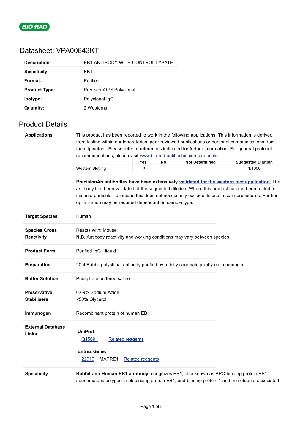 Datasheet: VPA00843KT Product Details