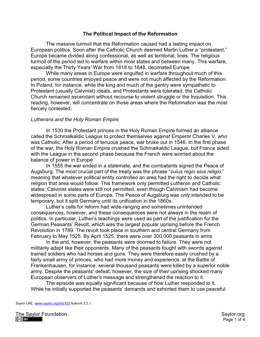 The Saylor Foundation Saylor.Org the Political Impact of the Reformation the Massive Turmoil That the Reformation Caused Had