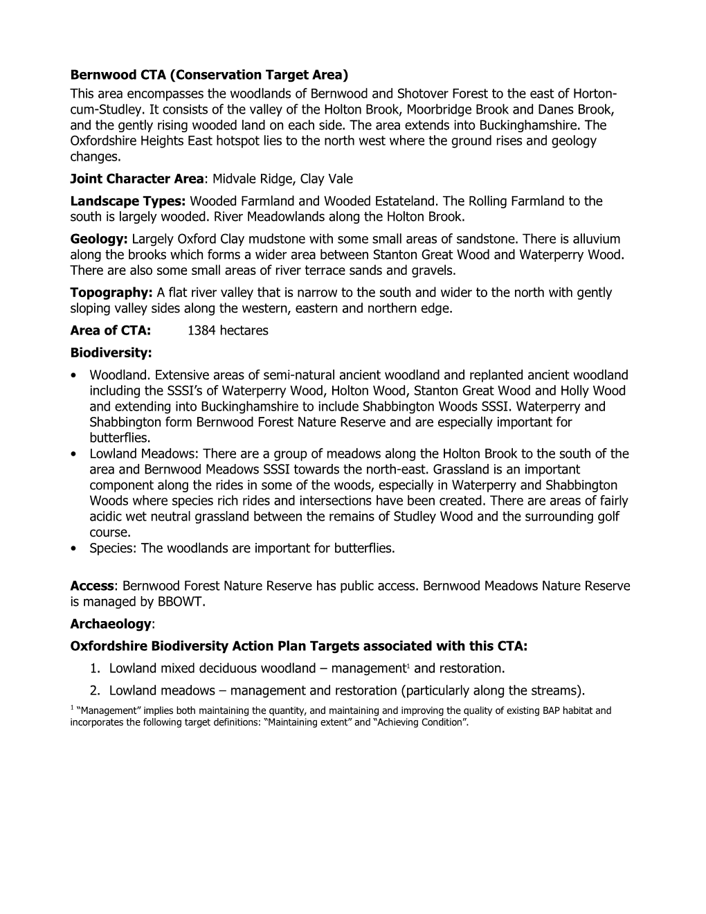 Bernwood CTA (Conservation Target Area) This Area Encompasses the Woodlands of Bernwood and Shotover Forest to the East of Horton- Cum-Studley
