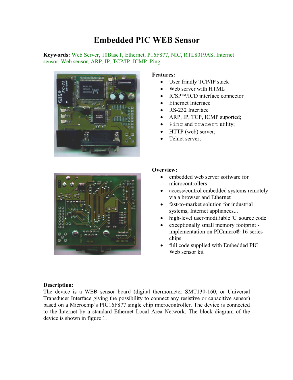 Keywords: Web Server, 10Baset, Ethernet, P16F877, NIC, TCP/IP