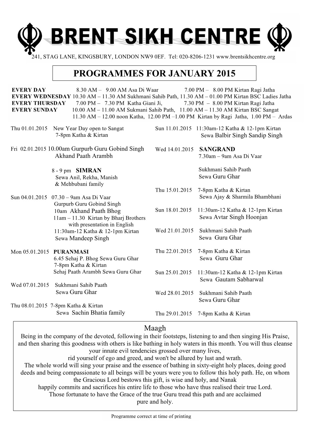 PROGRAMMES for JANUARY 2015 A