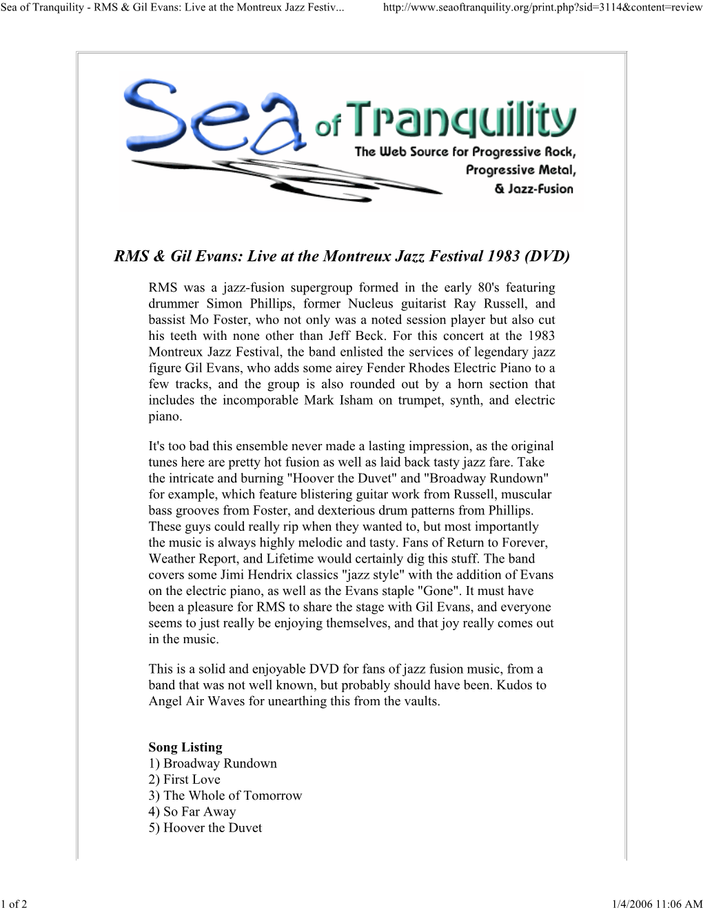 Sea of Tranquility - RMS & Gil Evans: Live at the Montreux Jazz Festiv