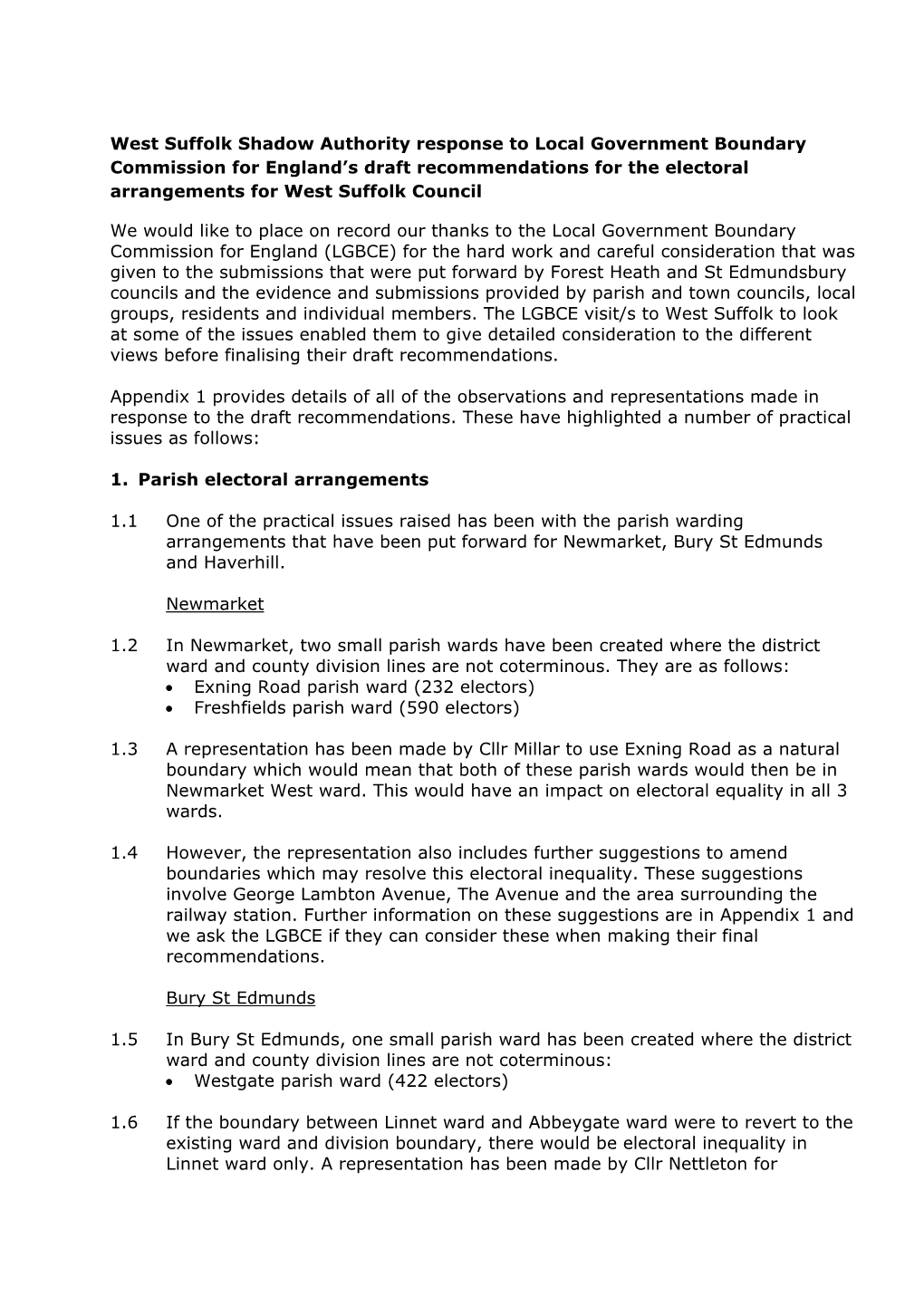 West Suffolk Shadow Authority Response to Local Government Boundary Commission for England's Draft Recommendations for The