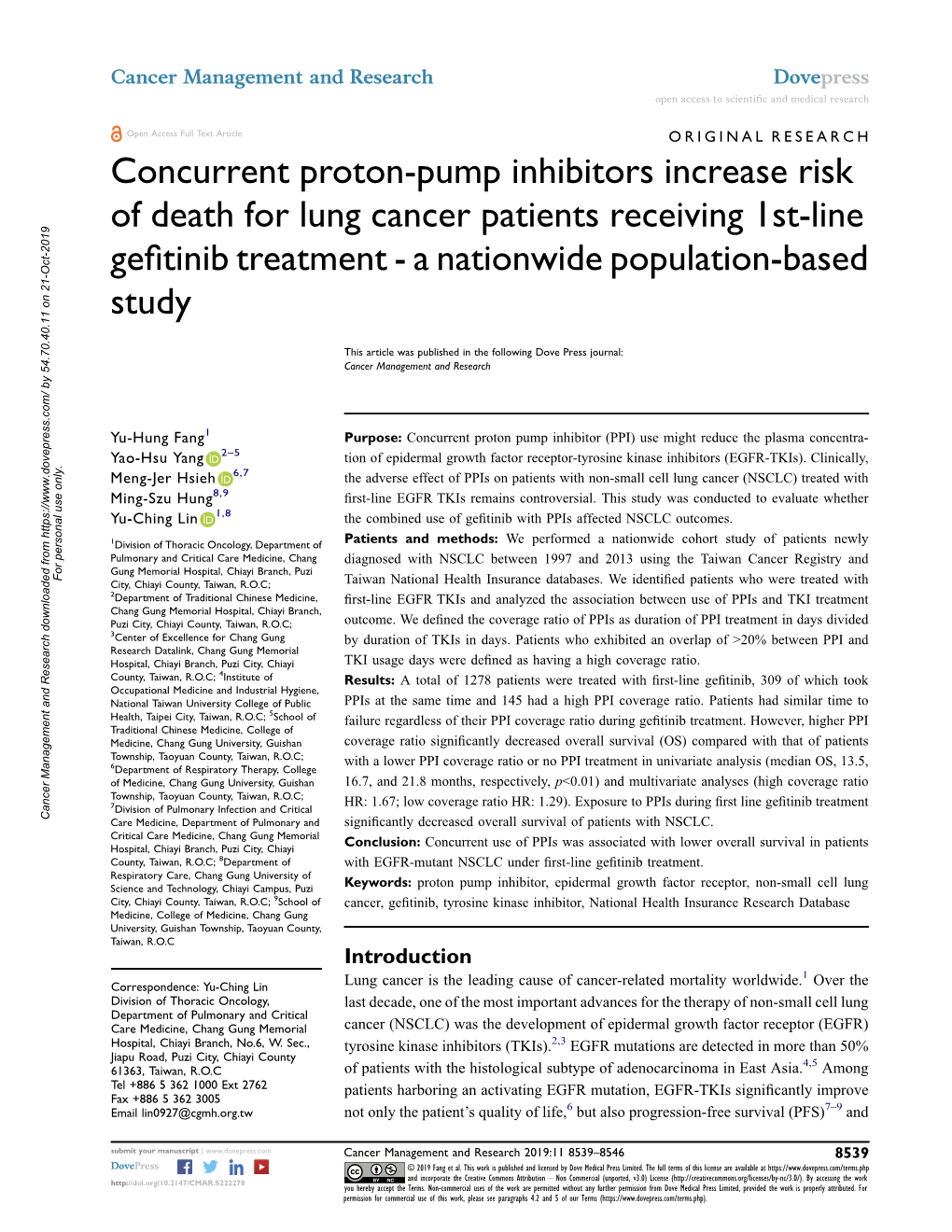 Concurrent Proton-Pump Inhibitors Increase Risk of Death for Lung Cancer Patients Receiving 1St-Line Geﬁtinib Treatment - a Nationwide Population-Based Study