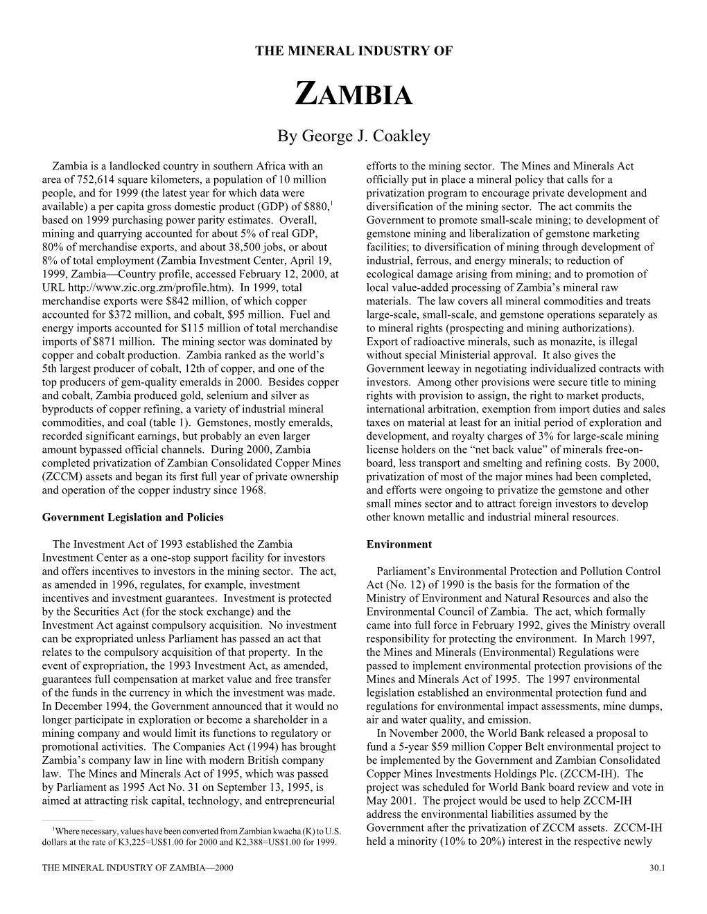 The Mineral Industry of Zambia in 2000