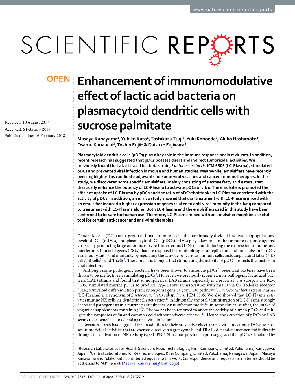 Enhancement of Immunomodulative Effect of Lactic Acid Bacteria on Plasmacytoid Dendritic Cells with Sucrose Palmitate