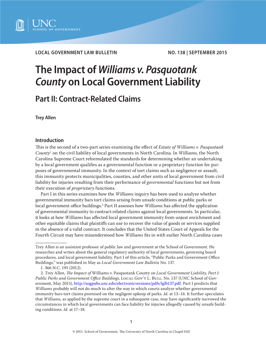 The Impact of Williams V. Pasquotank Countyon Local Government Liability