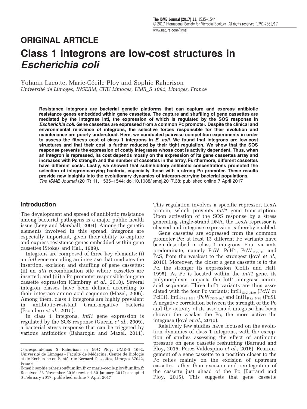 Class 1 Integrons Are Low-Cost Structures in Escherichia Coli