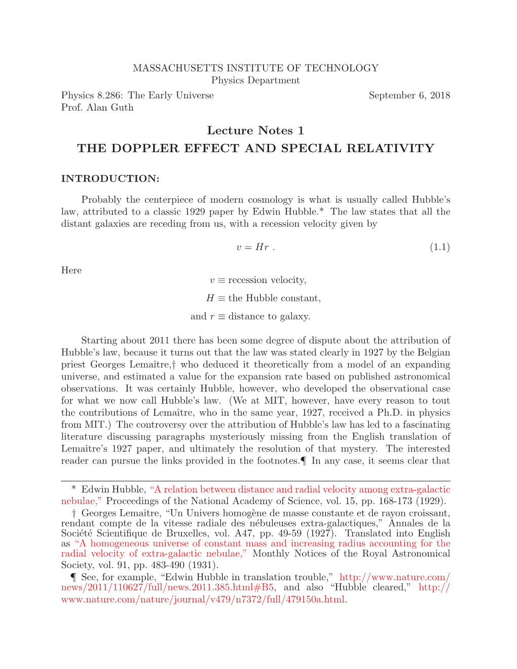 Lecture Notes 1 the DOPPLER EFFECT and SPECIAL RELATIVITY