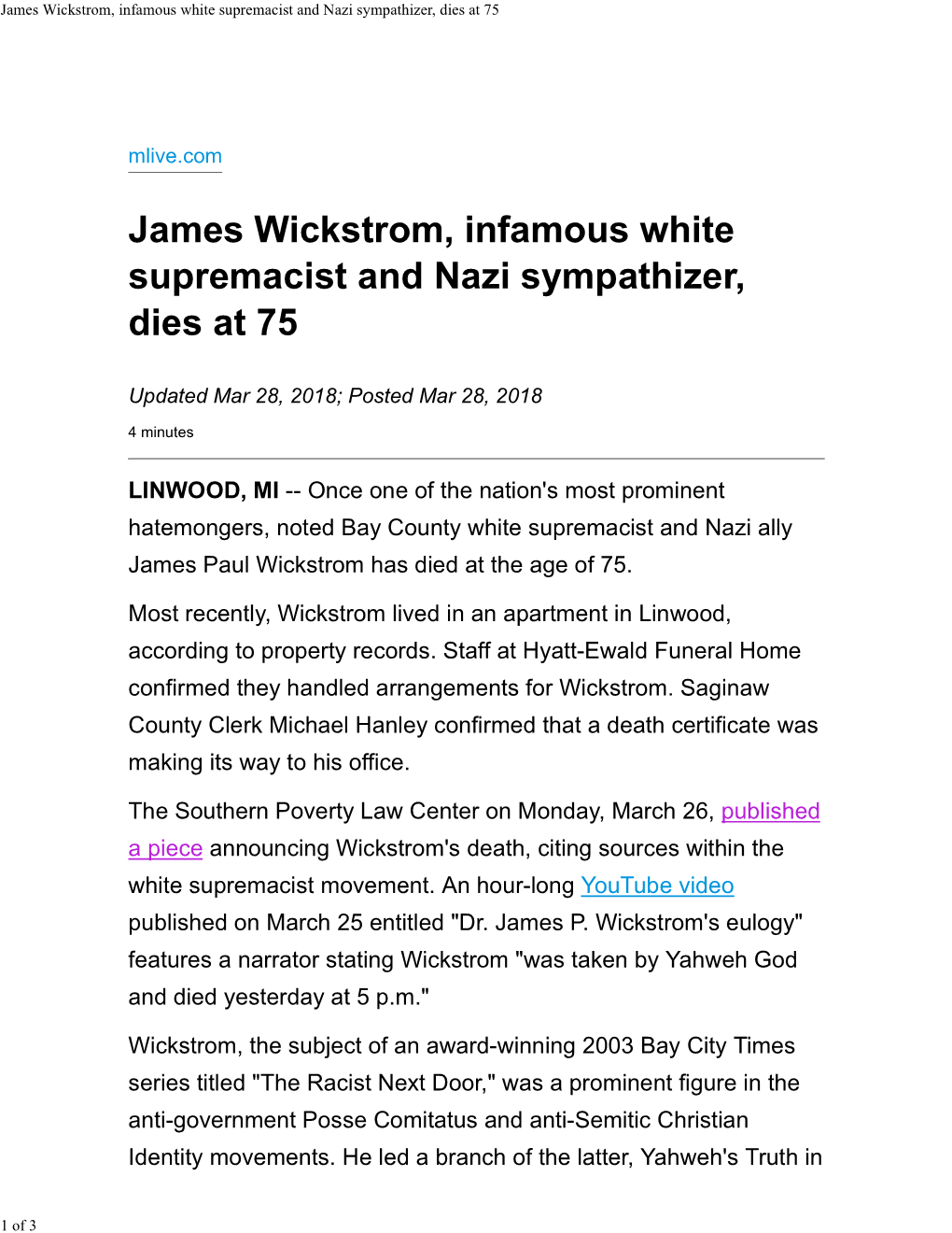 James Wickstrom, Infamous White Supremacist and Nazi Sympathizer, Dies at 75