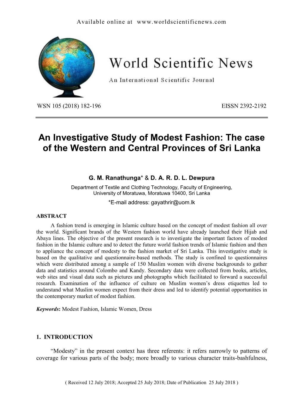An Investigative Study of Modest Fashion: the Case of the Western and Central Provinces of Sri Lanka