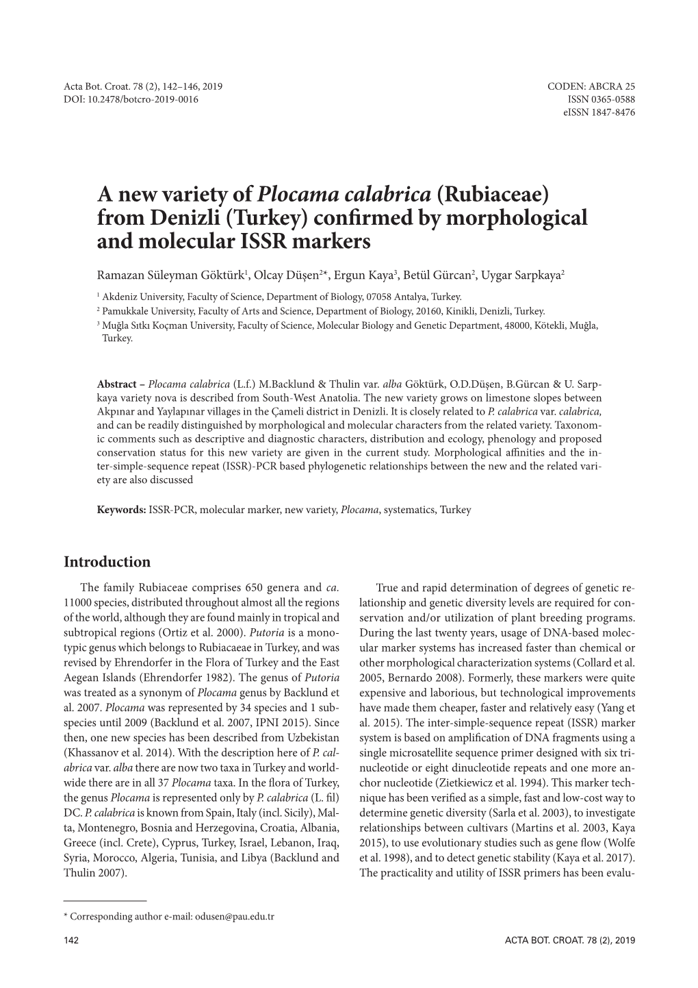 A New Variety of Plocama Calabrica (Rubiaceae) from Denizli (Turkey) Confirmed by Morphological and Molecular ISSR Markers