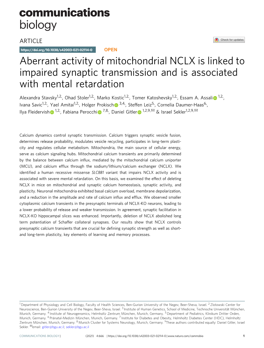 Aberrant Activity of Mitochondrial NCLX Is Linked to Impaired Synaptic Transmission and Is Associated with Mental Retardation