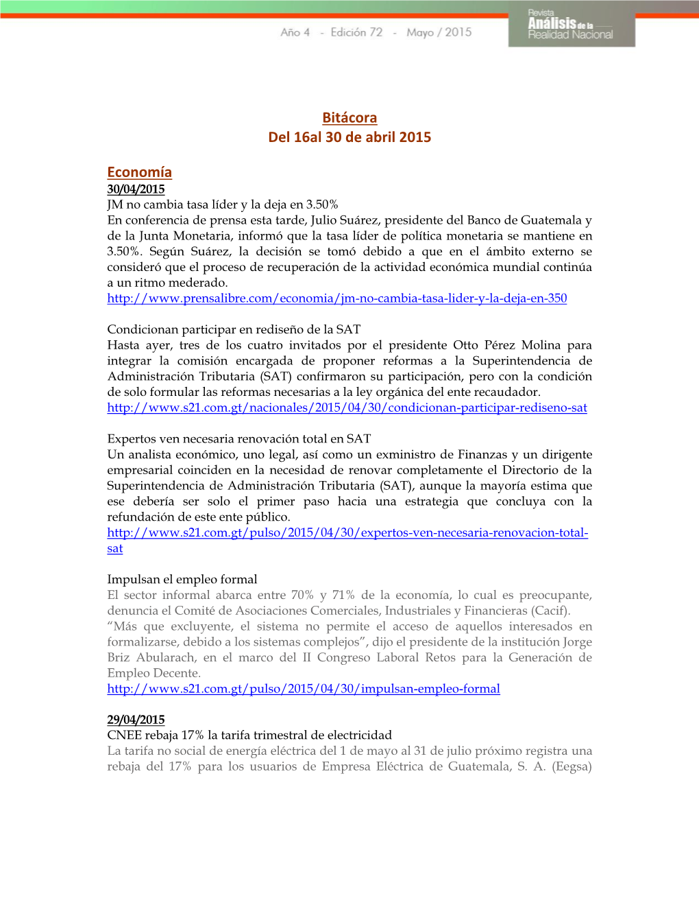 Bitácora Del 16Al 30 De Abril 2015 Economía