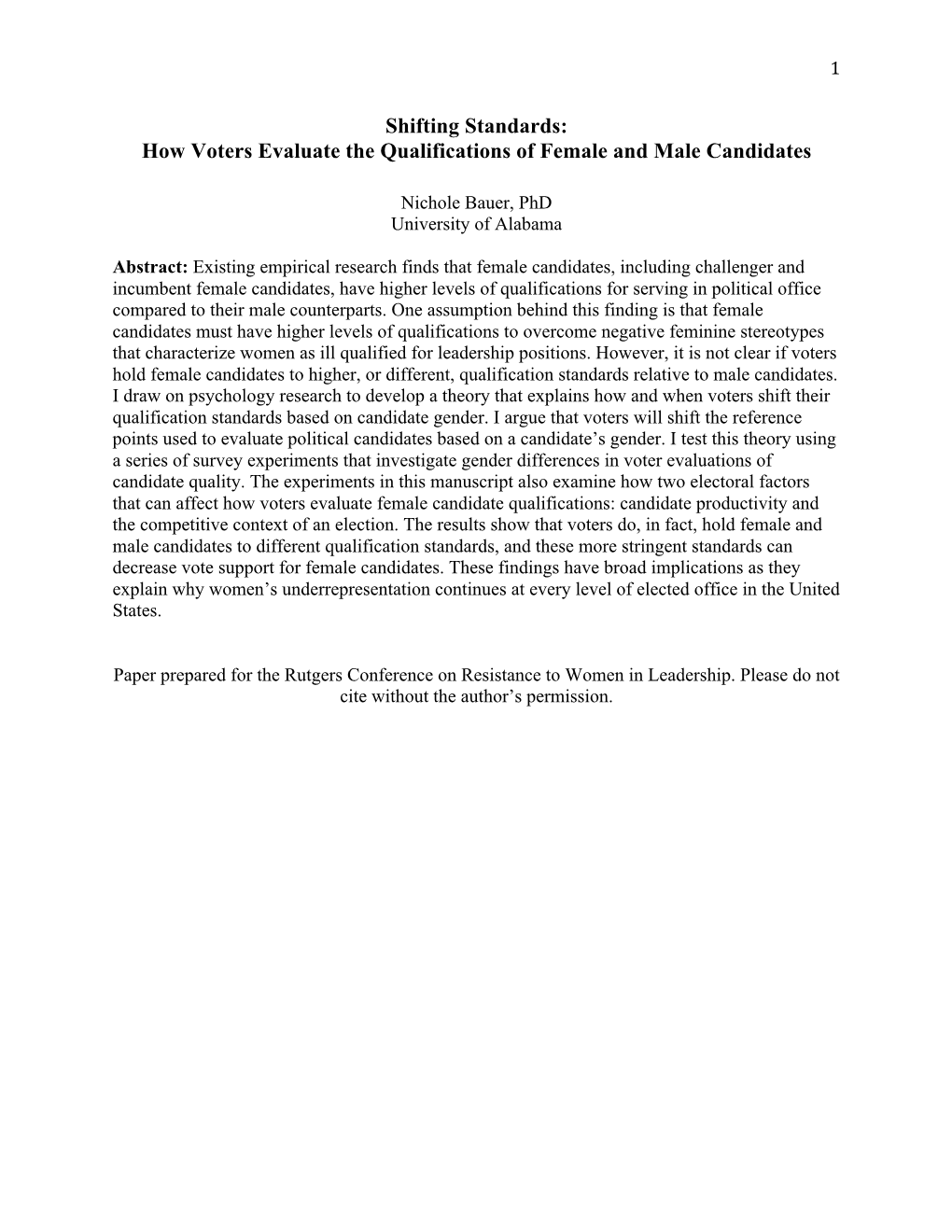 Shifting Standards: How Voters Evaluate the Qualifications of Female and Male Candidates