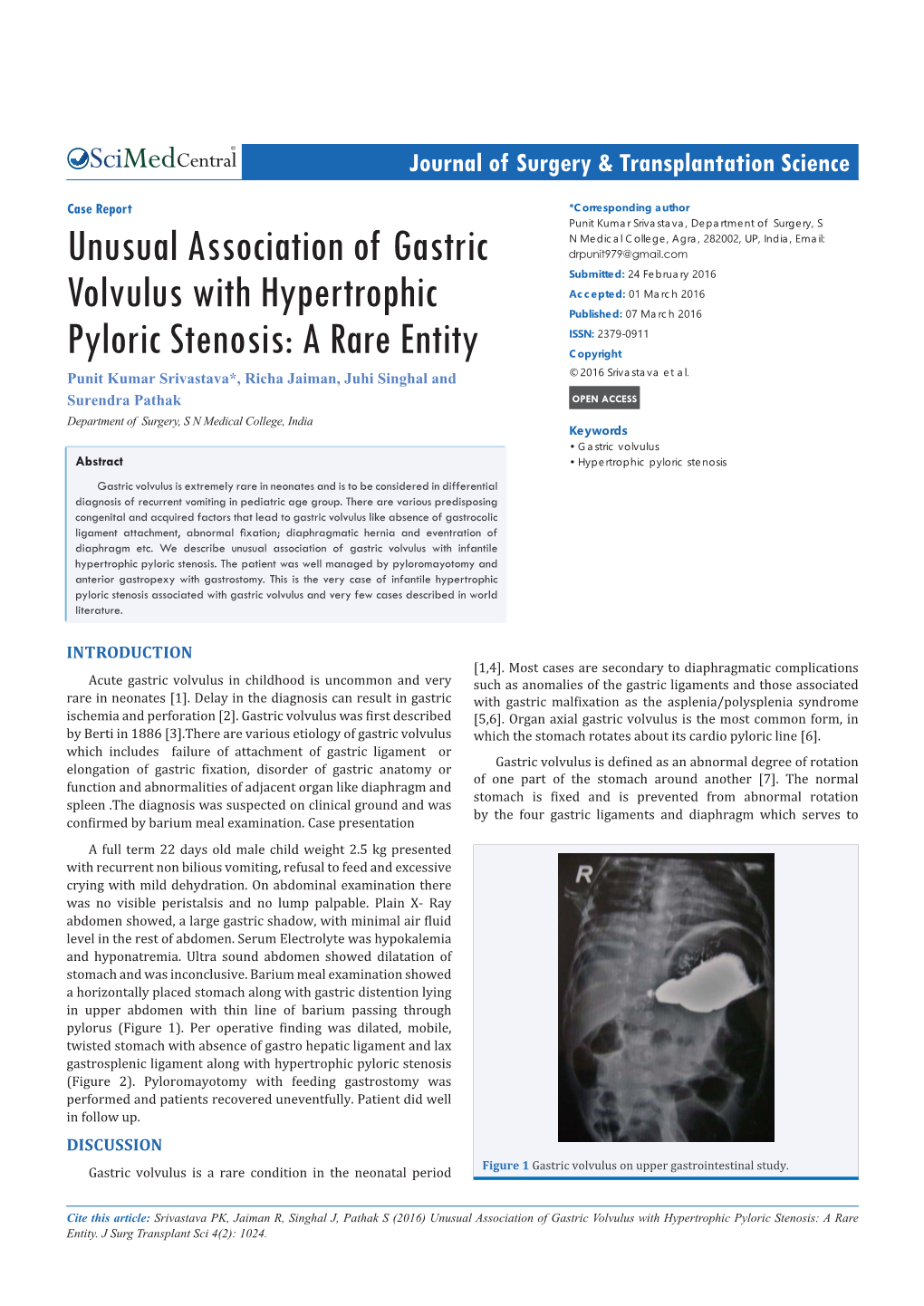 Unusual Association of Gastric Volvulus with Infantile Hypertrophic Pyloric Stenosis