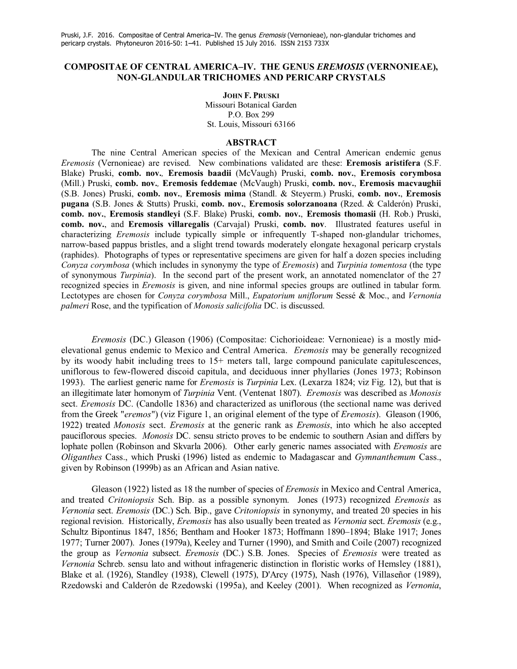 Compositae of Central America–IV. the Genus Eremosis (Vernonieae), Non-Glandular Trichomes and Pericarp Crystals