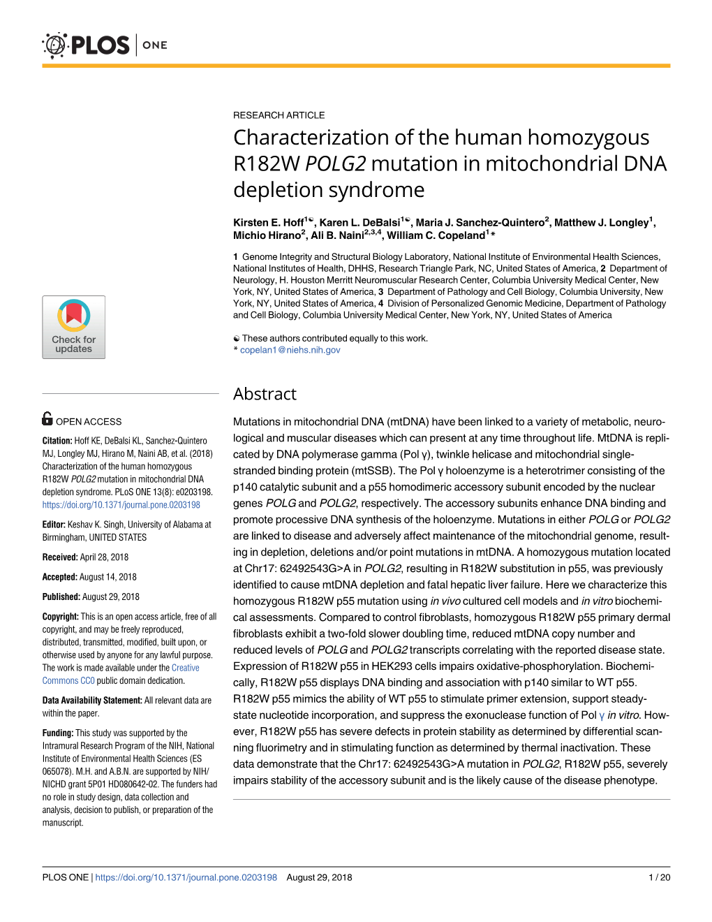 Characterization of the Human Homozygous R182W POLG2 Mutation in Mitochondrial DNA Depletion Syndrome