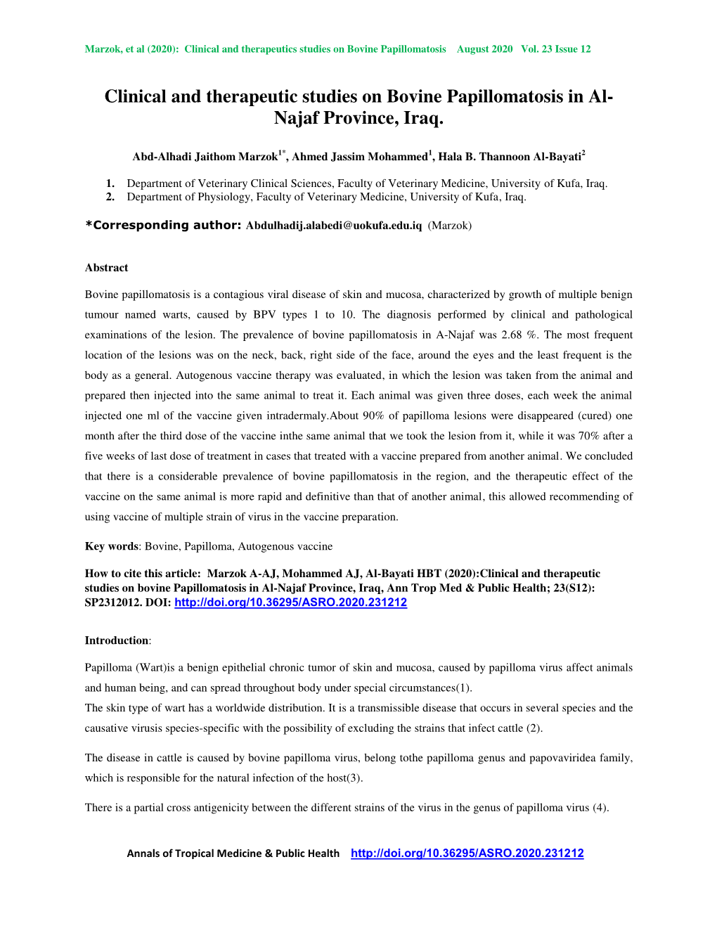 Clinical and Therapeutic Studies on Bovine Papillomatosis in Al- Najaf Province, Iraq