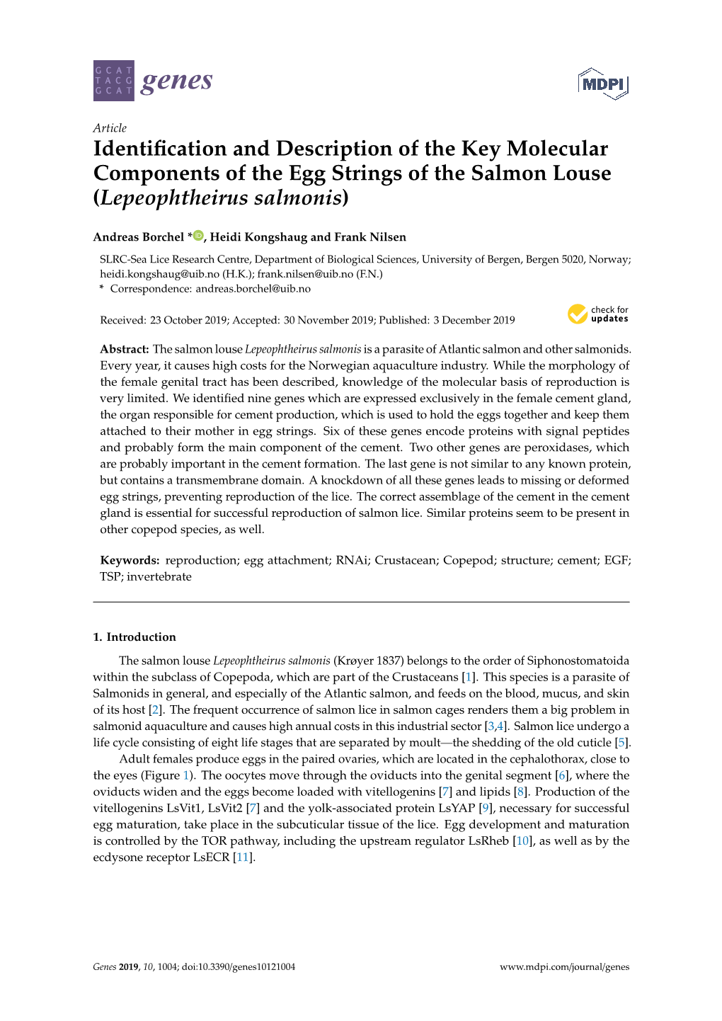 Identification and Description of the Key Molecular Components of the Egg Strings of the Salmon Louse (Lepeophtheirus Salmonis)