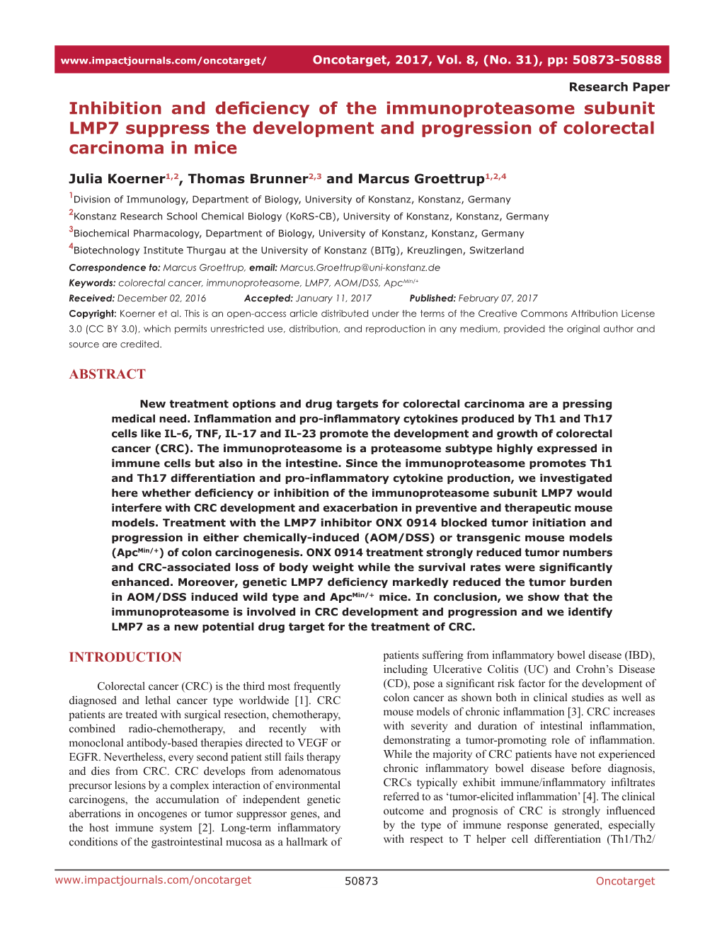 Inhibition and Deficiency of the Immunoproteasome Subunit LMP7 Suppress the Development and Progression of Colorectal Carcinoma in Mice