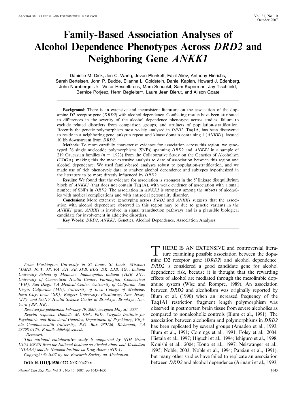 Family-Based Association Analyses of Alcohol Dependence Phenotypes Across DRD2 and Neighboring Gene ANKK1