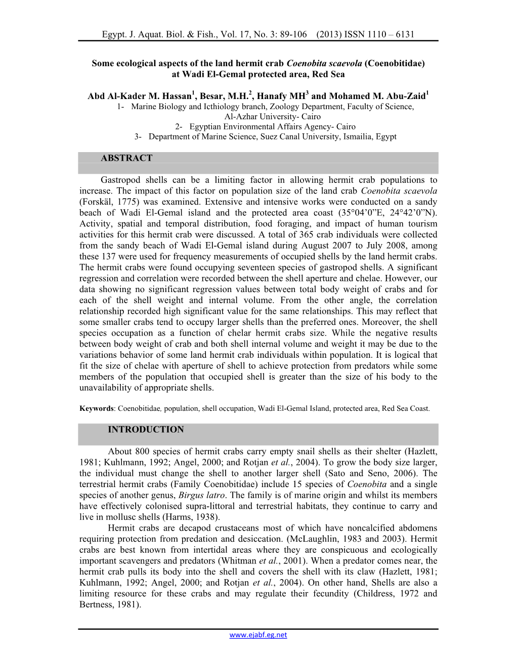 Some Ecological Aspects of the Land Hermit Crab Coenobita Scaevola (Coenobitidae) at Wadi El-Gemal Protected Area, Red Sea