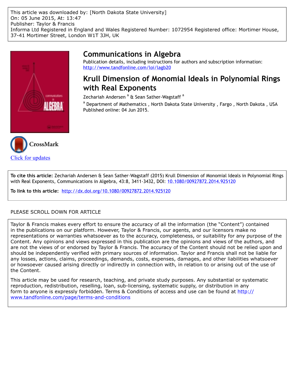 Communications in Algebra Krull Dimension of Monomial Ideals in Polynomial Rings with Real Exponents